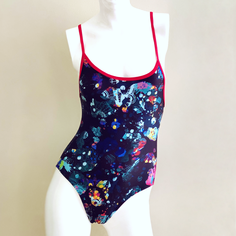 Extra Life Thin Strap Swimsuit in Paint Splash with Red Straps