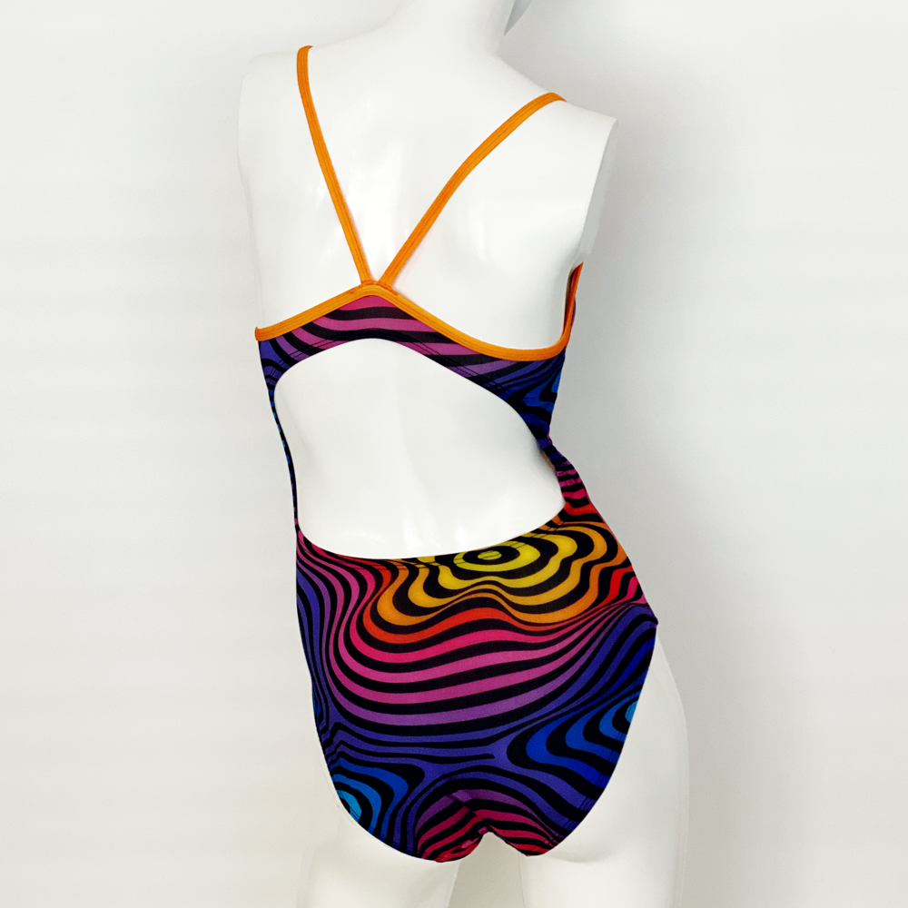 Extra Life Thin Strap Swimsuit in Psychedelic Circles with Orange Straps