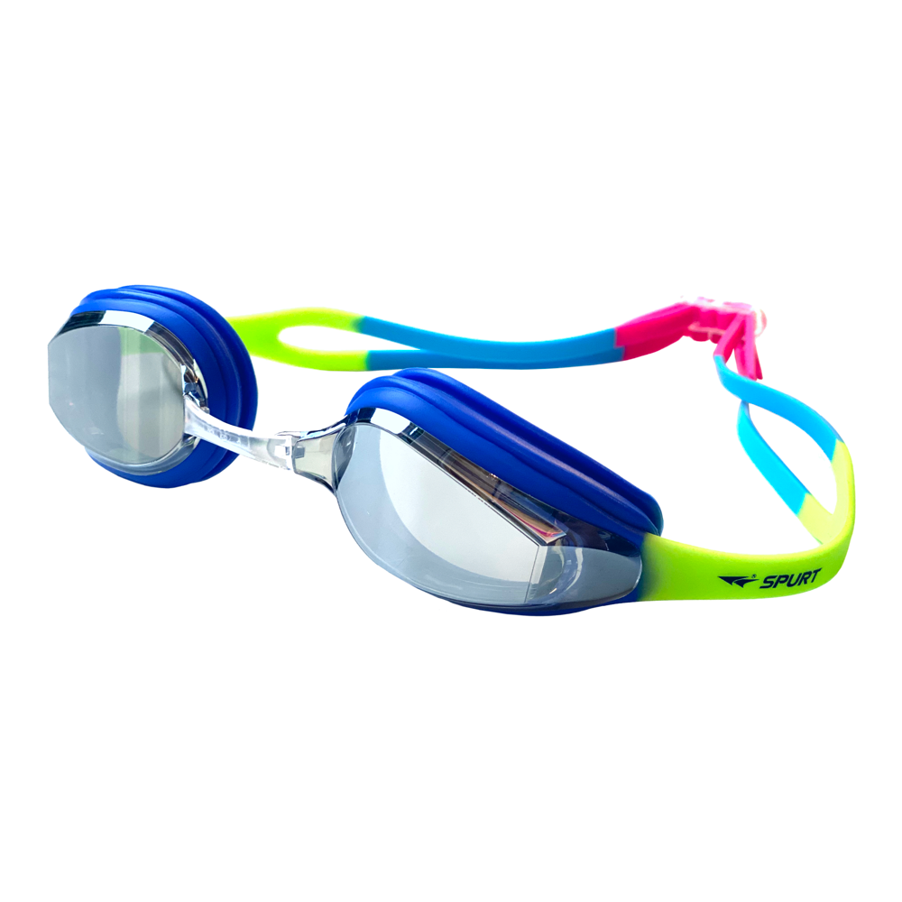 Spurt Elite Racer WVN Senior Goggle in Purple, Bright Pink, Light Blue and Bright Green with Mirror Silver Lens and Light Tint