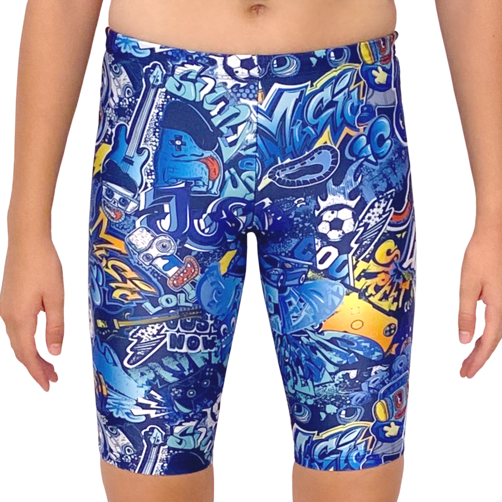 Kikx Extra Life Jammer Swimsuit in Urban Graffiti Design in Blues, Aqua and Orange