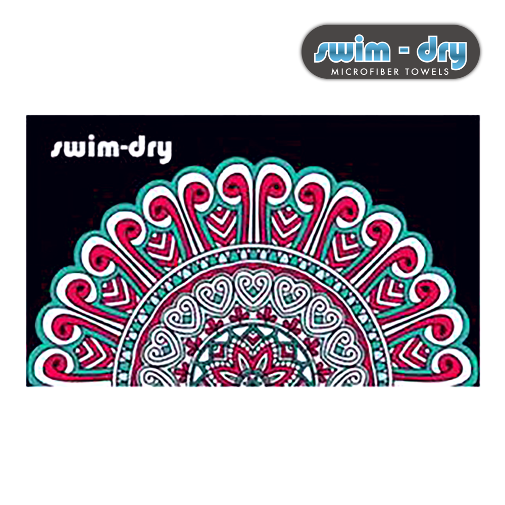 Swim-Dry Large Microfibre Towel Mandala Flower Design in Black, Pink and Aqua