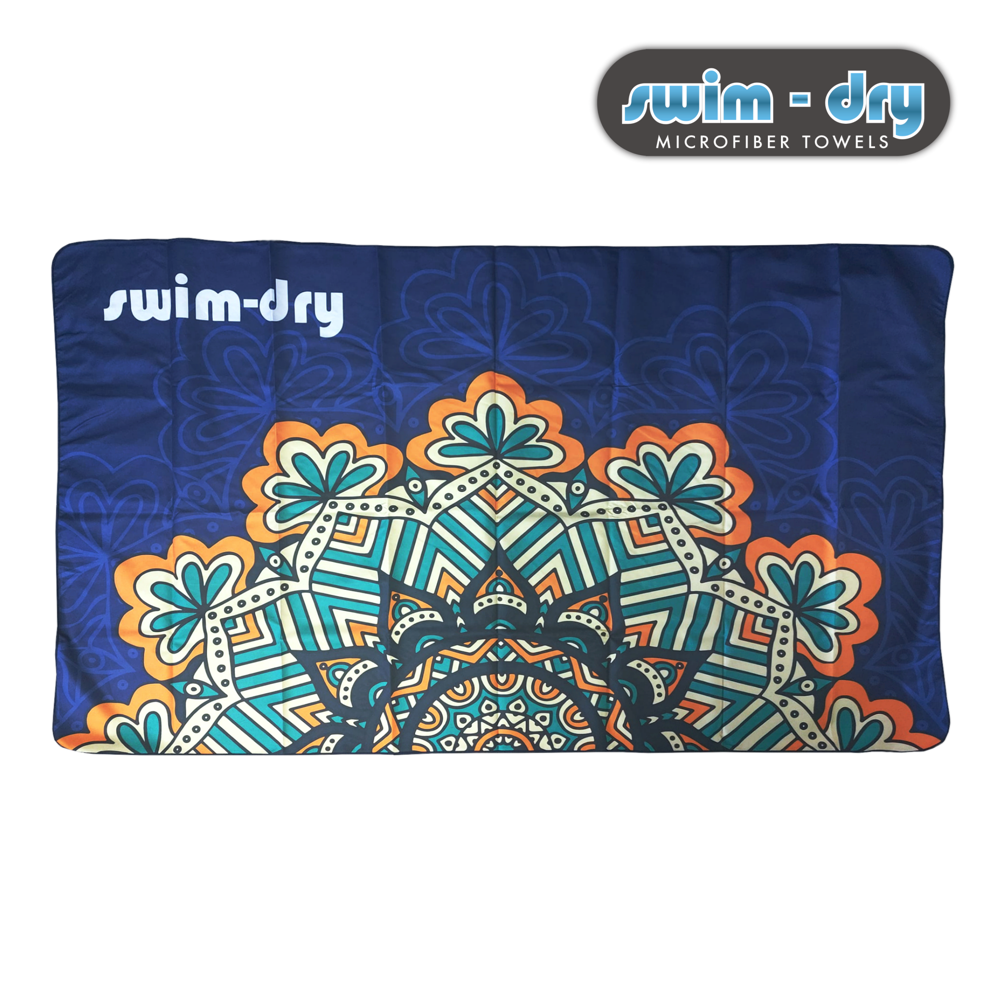 Swim-Dry Large Microfibre Towel Mandala Flower Design in Navy, Aqua and Gold