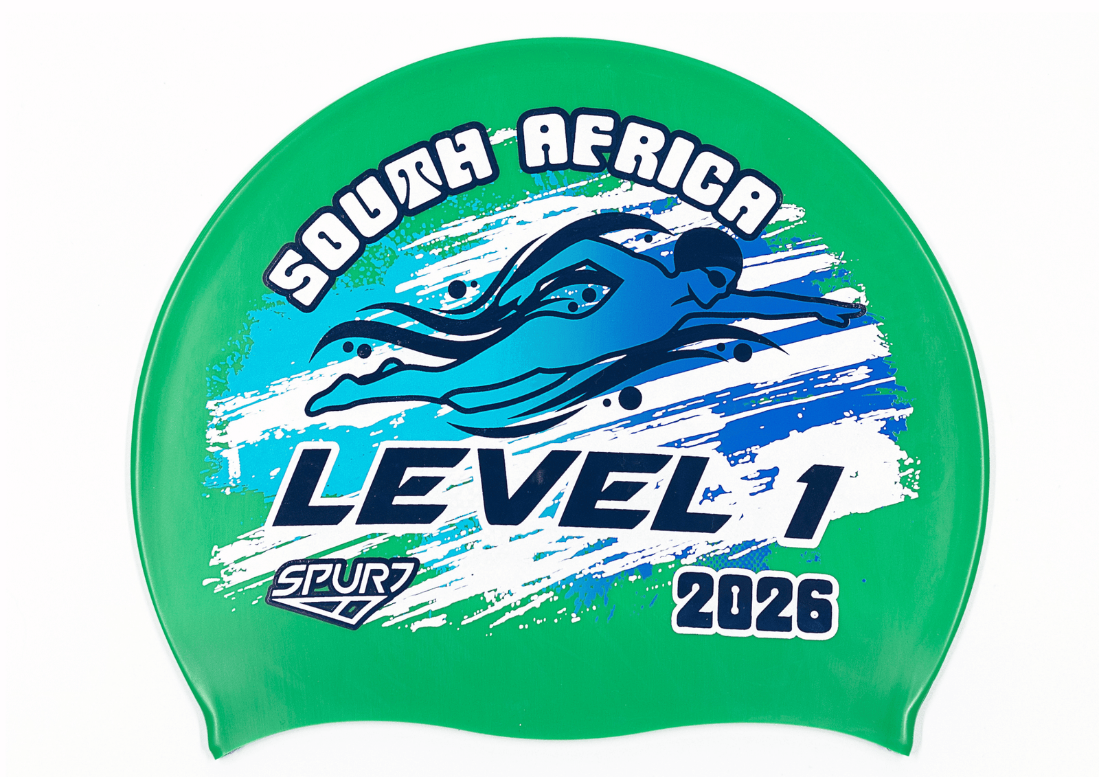 Level 1 2026 in Slanted Font and Grungy Brush on F217 Mid Green  Spurt Silicone Swim Cap