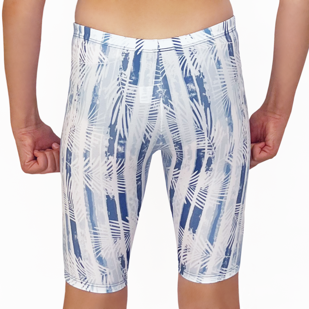 Kikx Extra Life Jammer Swimsuit in Palm Leaves over Blue Grunge Stripes