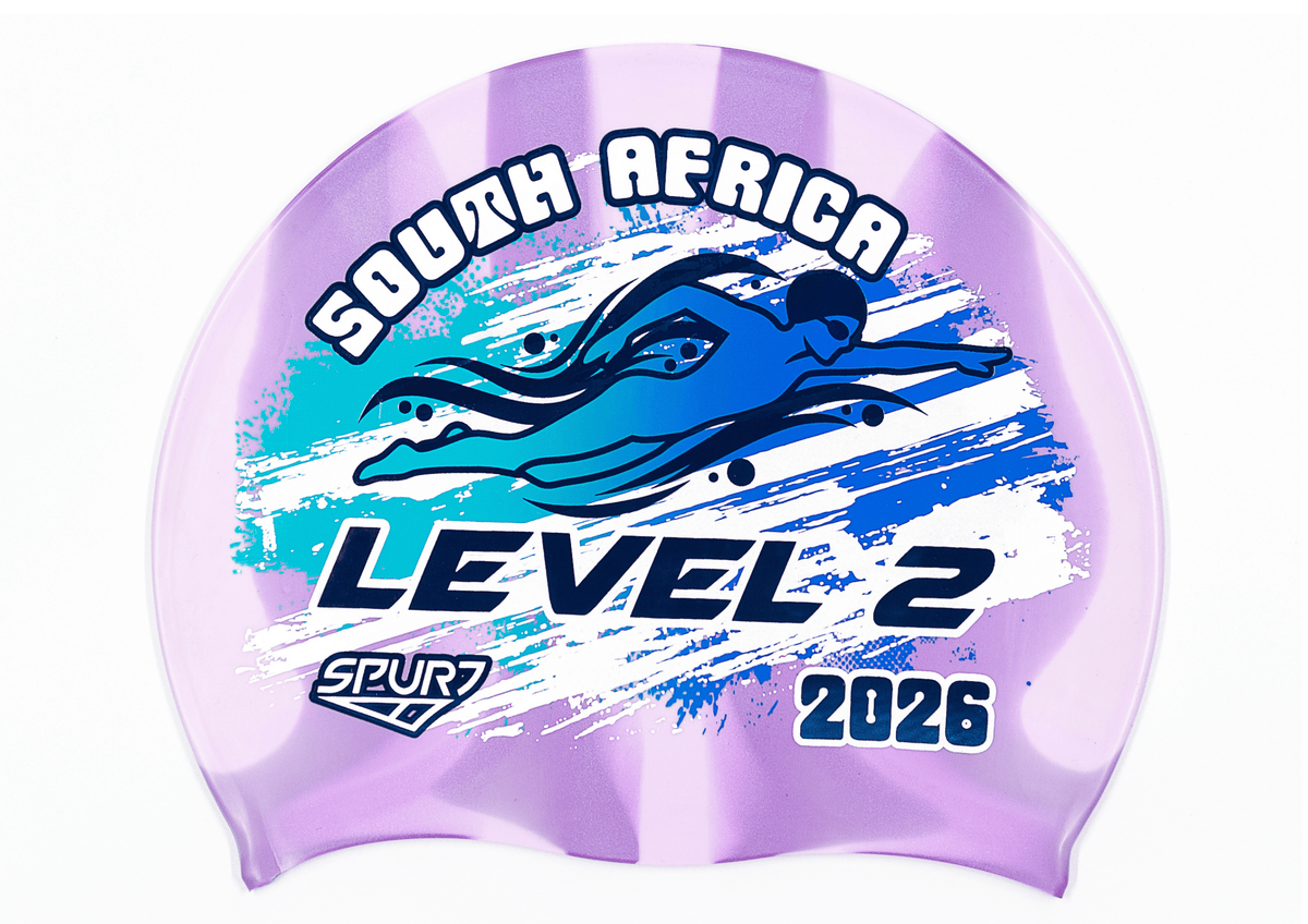 LEVEL 2 2026 in Slanted Font and Grungy Brush on Mi110 Violet and Light Purple Vertical Stripes  Spurt Silicone Swim Cap