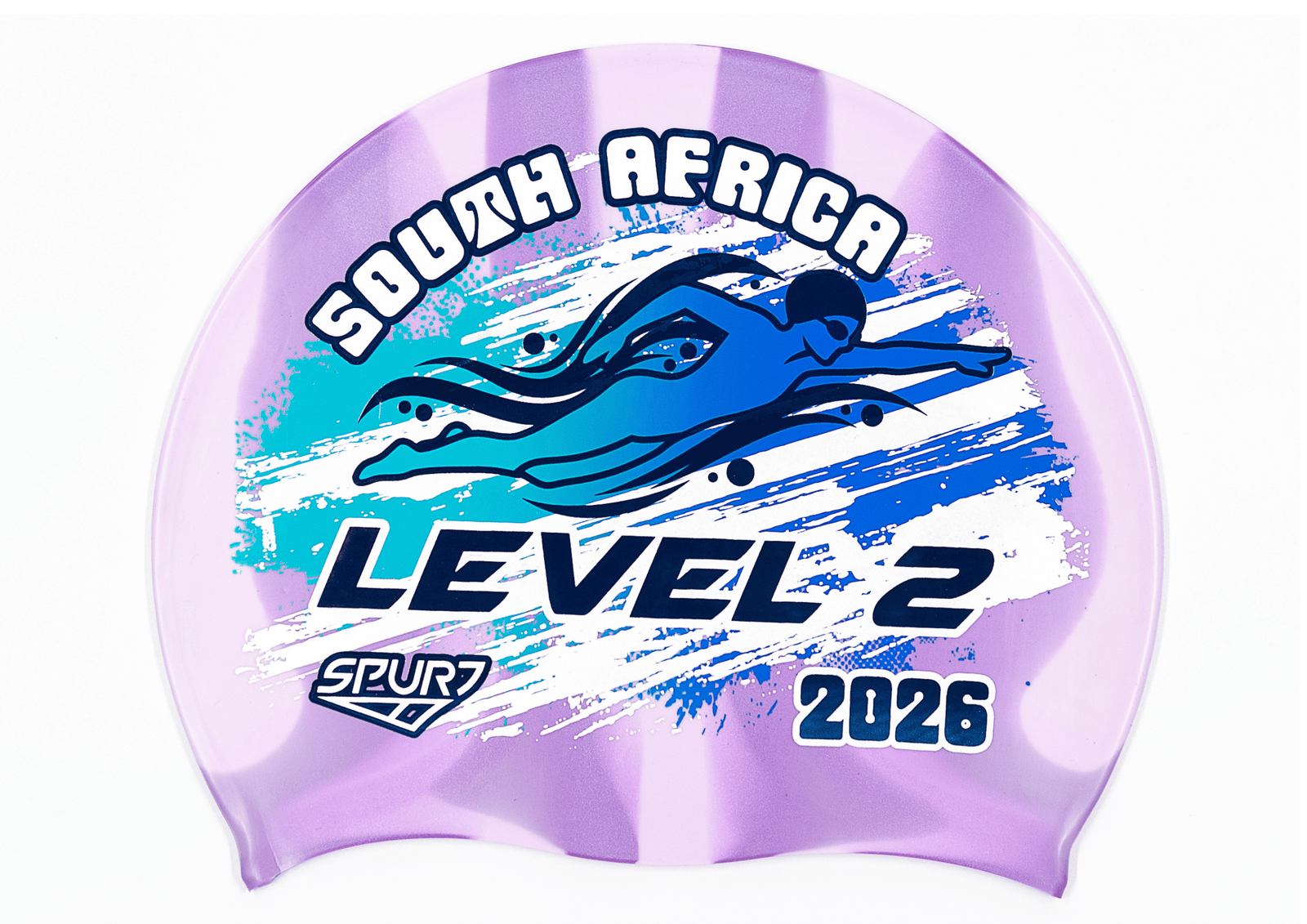 LEVEL 2 2026 in Slanted Font and Grungy Brush on Mi110 Violet and Light Purple Vertical Stripes  Spurt Silicone Swim Cap