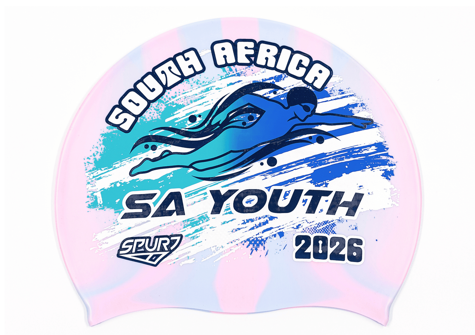SA YOUTH 2026 in Slanted Font and Grungy Brush on Mi126 Light Pink and Light Blue Vertical Stripes  Spurt Silicone Swim Cap
