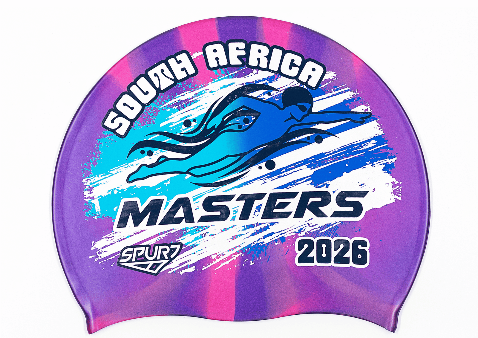 MASTERS 2026 in Slanted Font and Grungy Brush on Mi114 Dark Purple & Pink Vertical Stripes Spurt Silicone Swim Cap