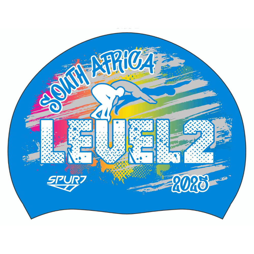 Level 2 2025 Rainbow blend behind Swimmer on F218 Sky Blue Spurt Silicone Swim Cap