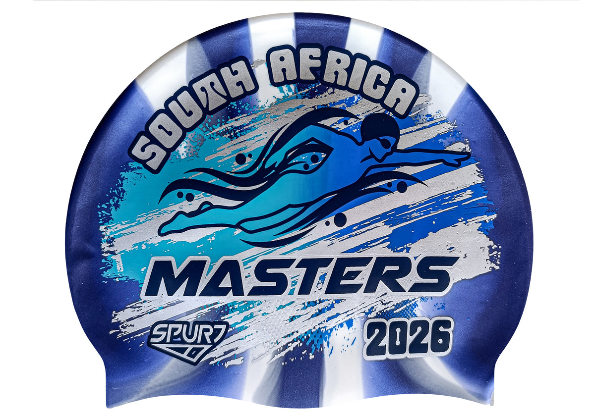 MASTERS 2026 in Slanted Font and Grungy Brush on Mi138 Navy &amp; White Vertical Stripes Spurt Silicone Swim Cap