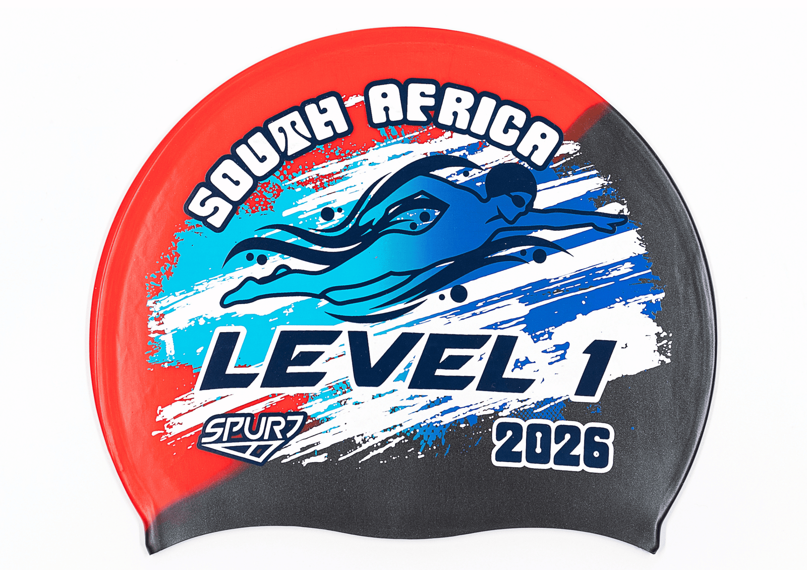 Level 1 2026 in Slanted Font and Grungy Brush on MW92 Red & Black Diagonal Blend Stripes Spurt Silicone Swim Cap