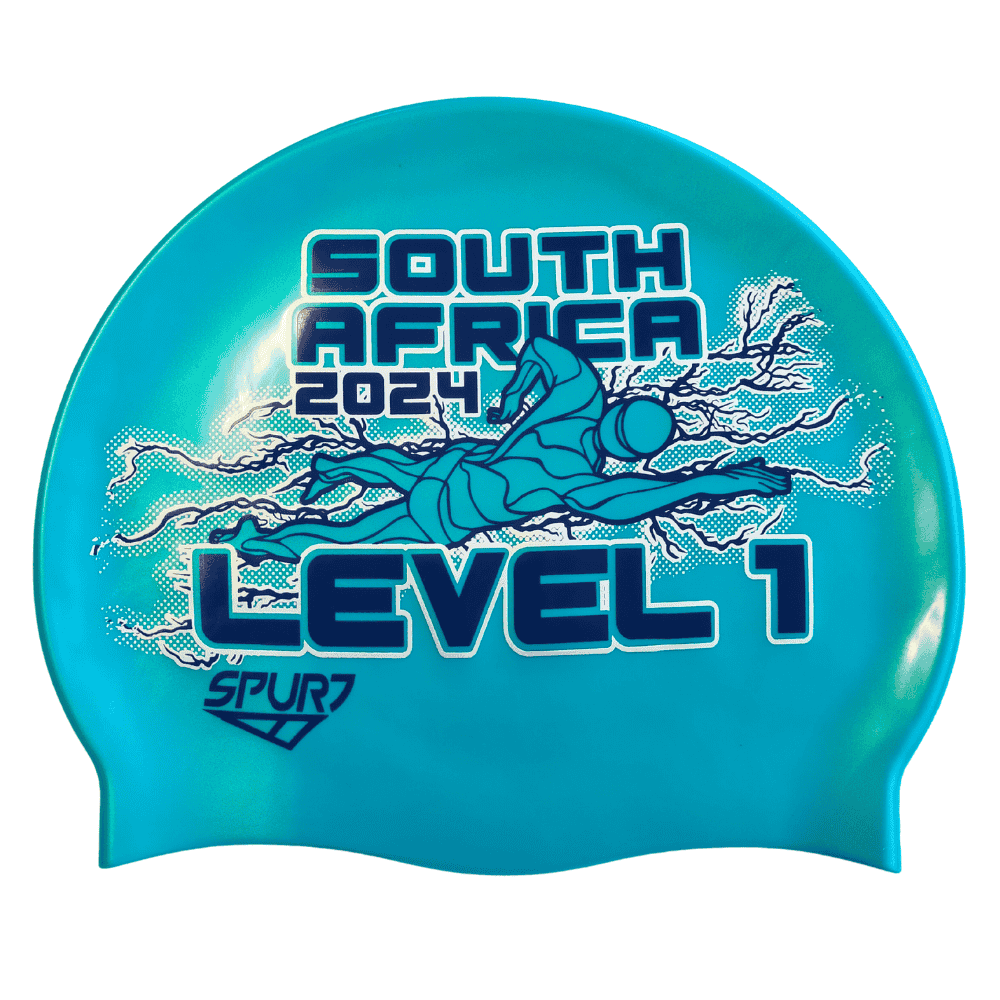 Level 1 2024 Lightning behind Swimmer on SD24 Turquoise Green Spurt Silicone Swim Cap