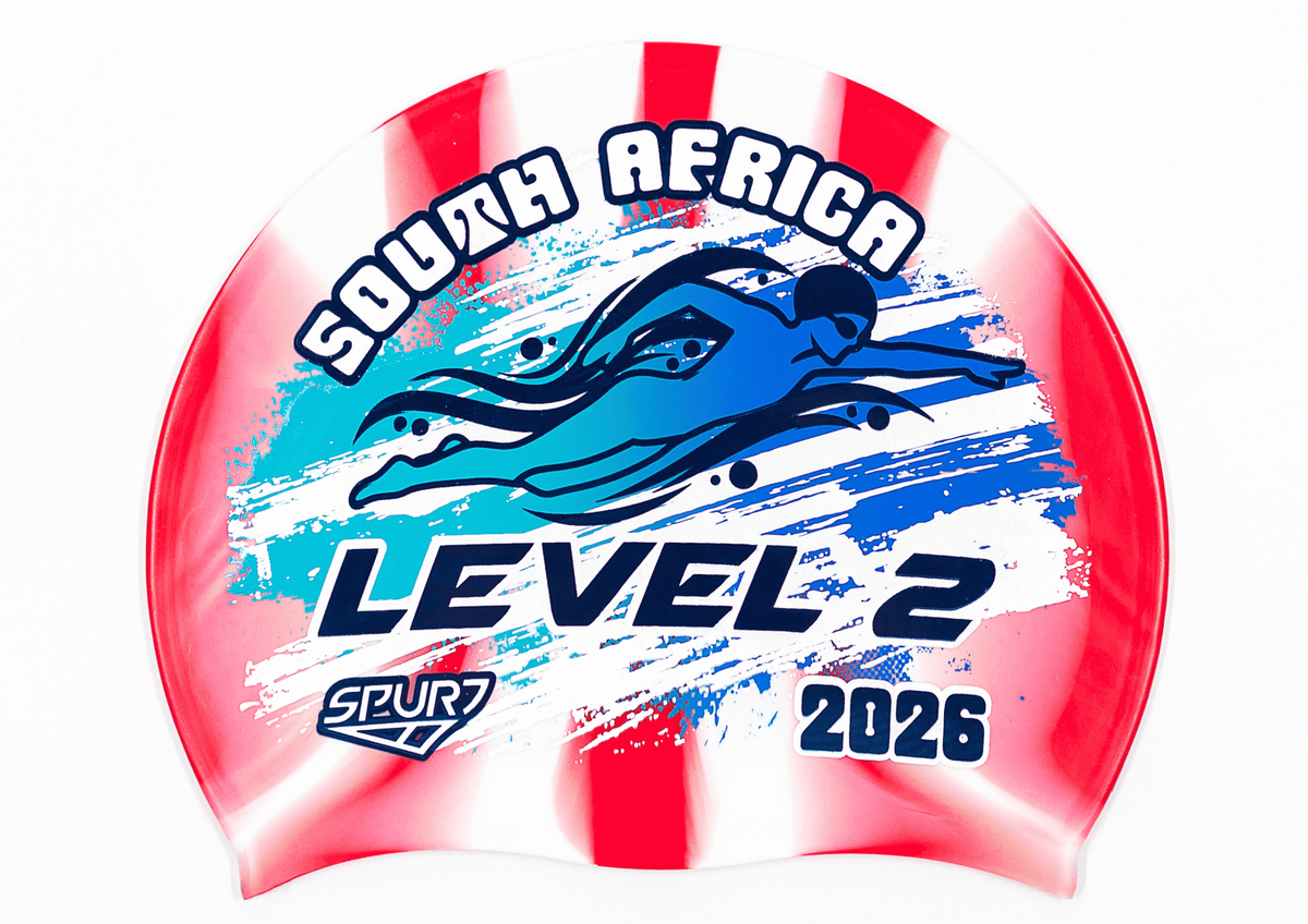 LEVEL 2 2026 in Slanted Font and Grungy Brush on Mi139 Red and White Vertical Stripes  Spurt Silicone Swim Cap