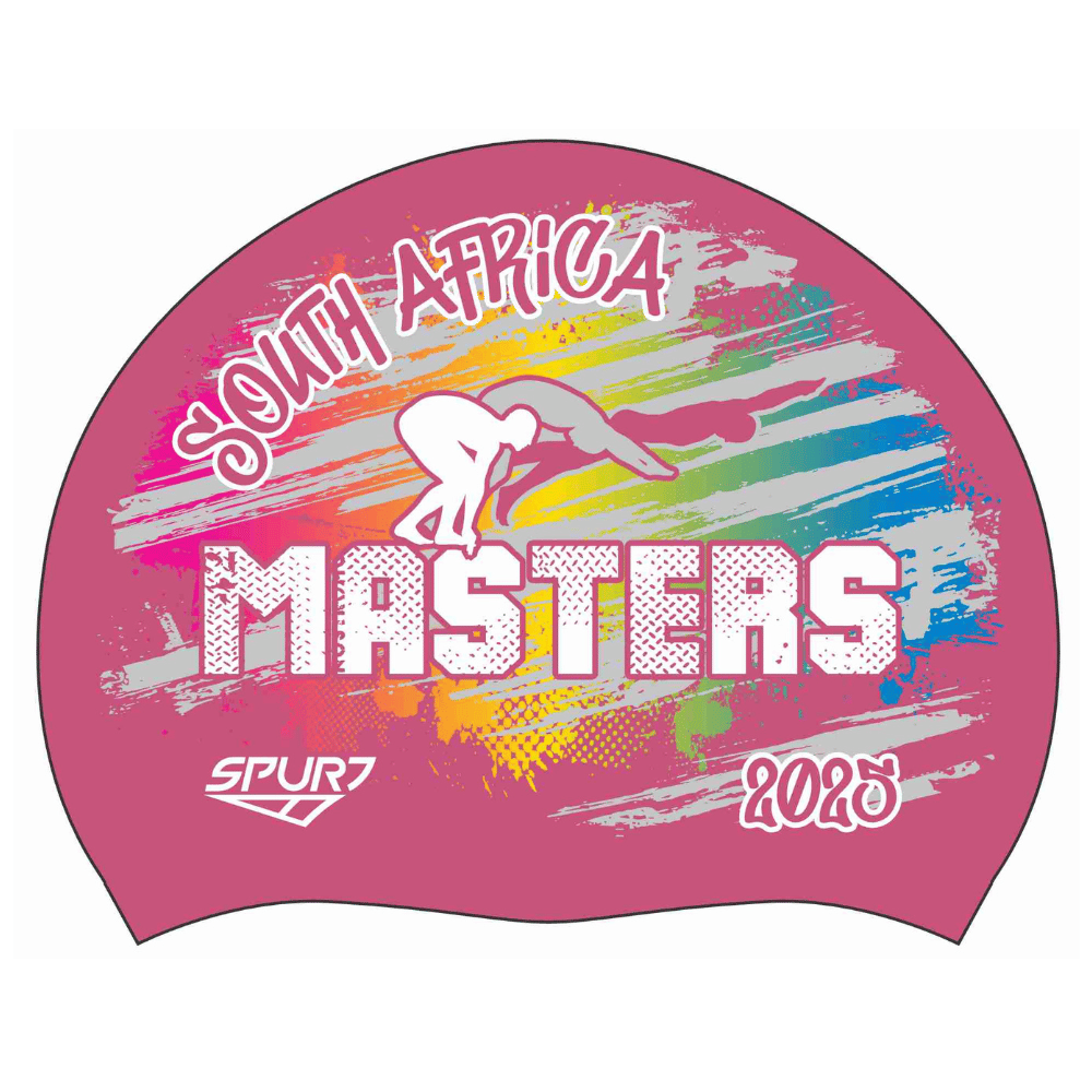 MASTERS 2025 Rainbow blend behind Swimmer on SH87 Dark Pink Spurt Silicone Swim Cap