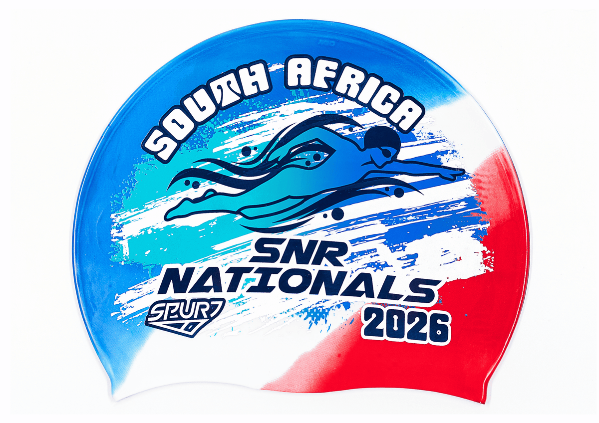 SANS 2026 in Slanted Font and Grungy Brush on FRA Blue, White and Red Diagonal Blend  Spurt Silicone Swim Cap