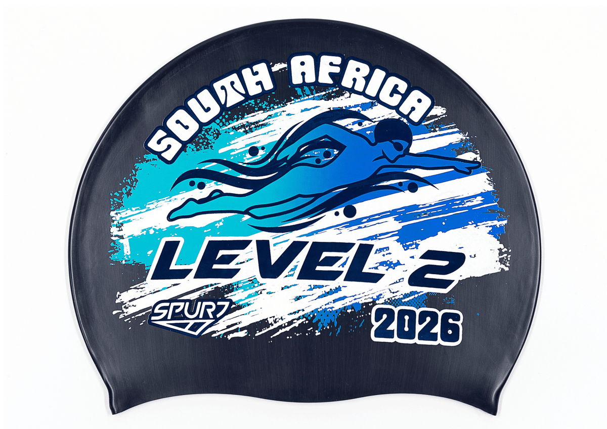 LEVEL 2 2026 in Slanted Font and Grungy Brush on F248 Midnight Navy  Spurt Silicone Swim Cap