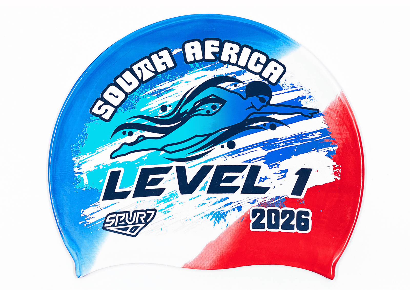 Level 1 2026 in Slanted Font and Grungy Brush on FRA on Blue,White & Red Diagonal Blend  Spurt Multi Color Silicone Swim Cap