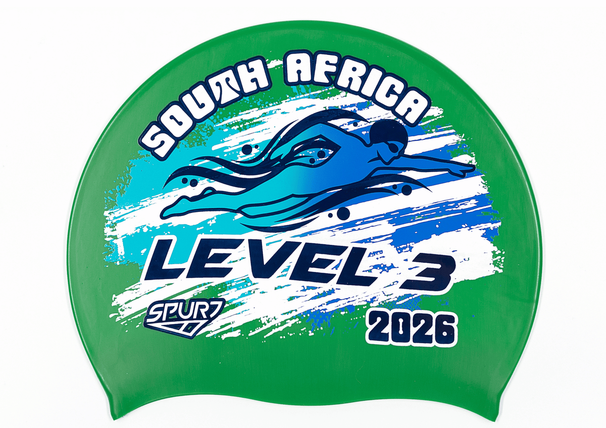 LEVEL 3 2026 in Slanted Font and Grungy Brush on F217 Mid Green  Spurt Silicone Swim Cap
