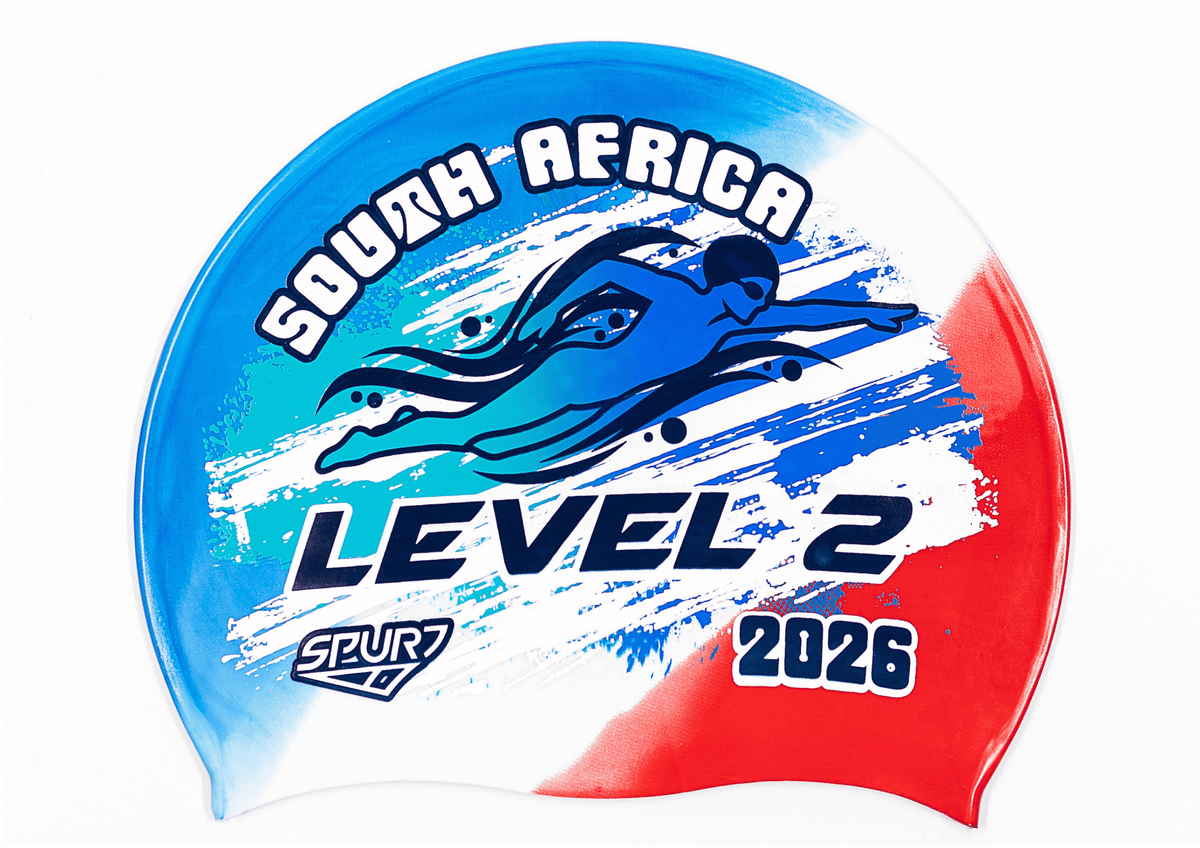 LEVEL 2 2026 in Slanted Font and Grungy Brush on FRA Blue, White and Red Diagonal Blend  Spurt Silicone Swim Cap