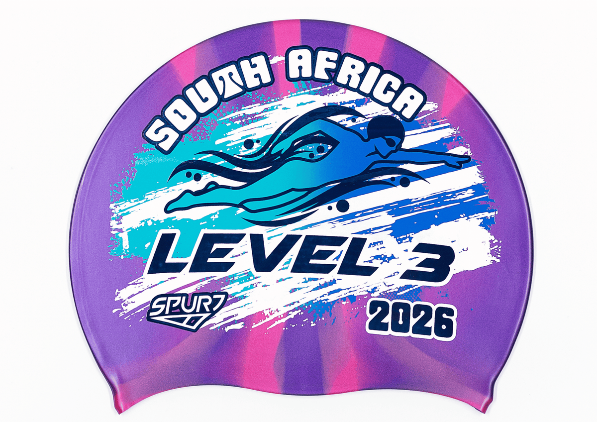 LEVEL 3 2026 in Slanted Font and Grungy Brush on Mi114 Dark Purple and Pink Vertical Stripes  Spurt Silicone Swim Cap