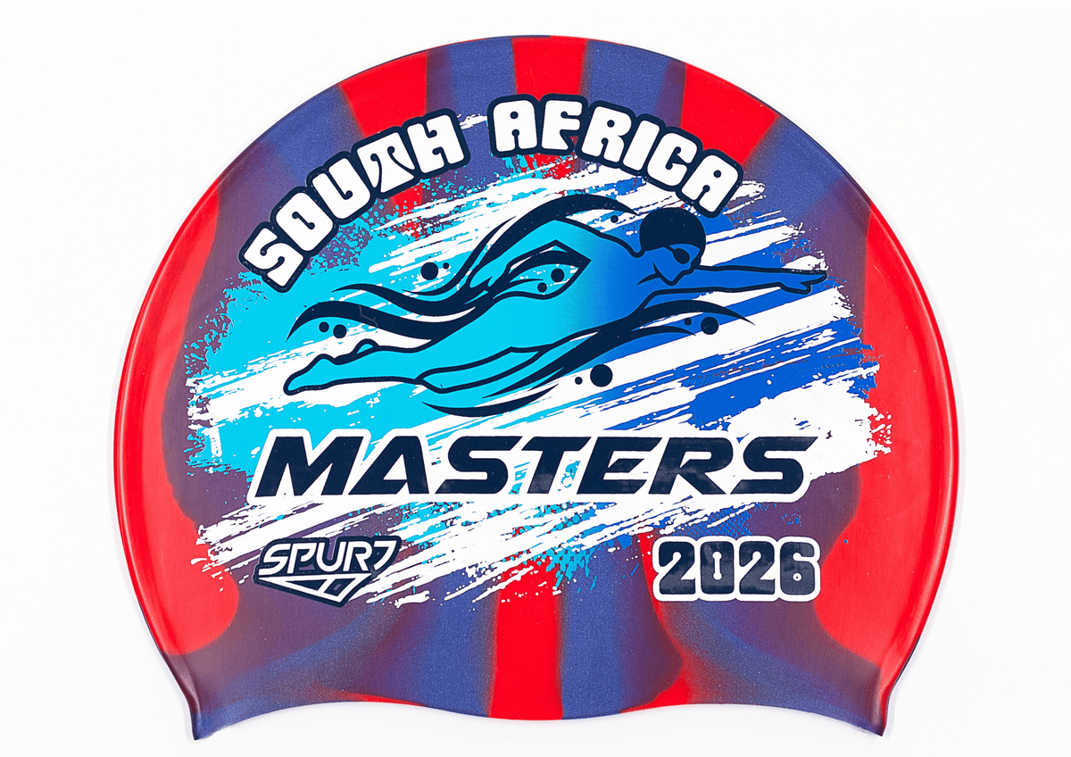 MASTERS 2026 in Slanted Font and Grungy Brush on Mi120 Red &amp; Navy Vertical Stripes Spurt Silicone Swim Cap