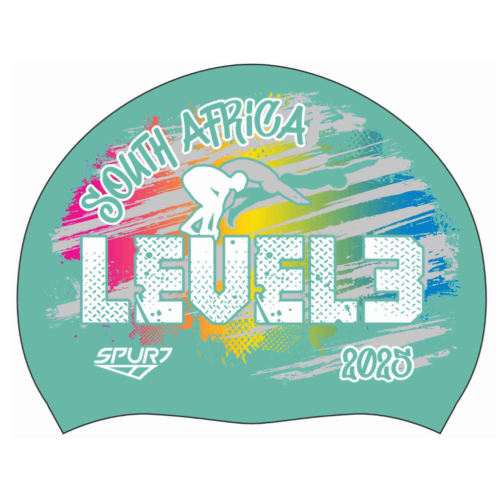 Level 3 2025 Rainbow blend behind Swimmer on SD13 Pale Aquamarine Green Spurt Silicone Swim Cap