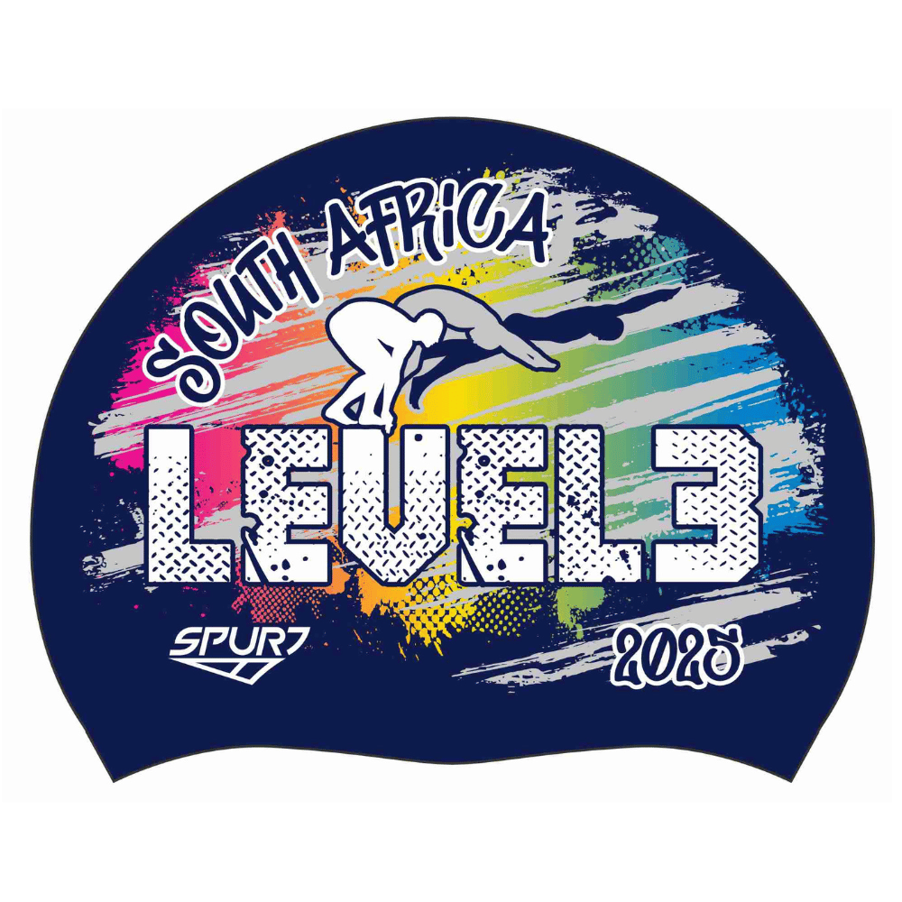 Level 3 2025 Rainbow blend behind Swimmer on F208 Dark Navy Spurt Silicone Swim Cap