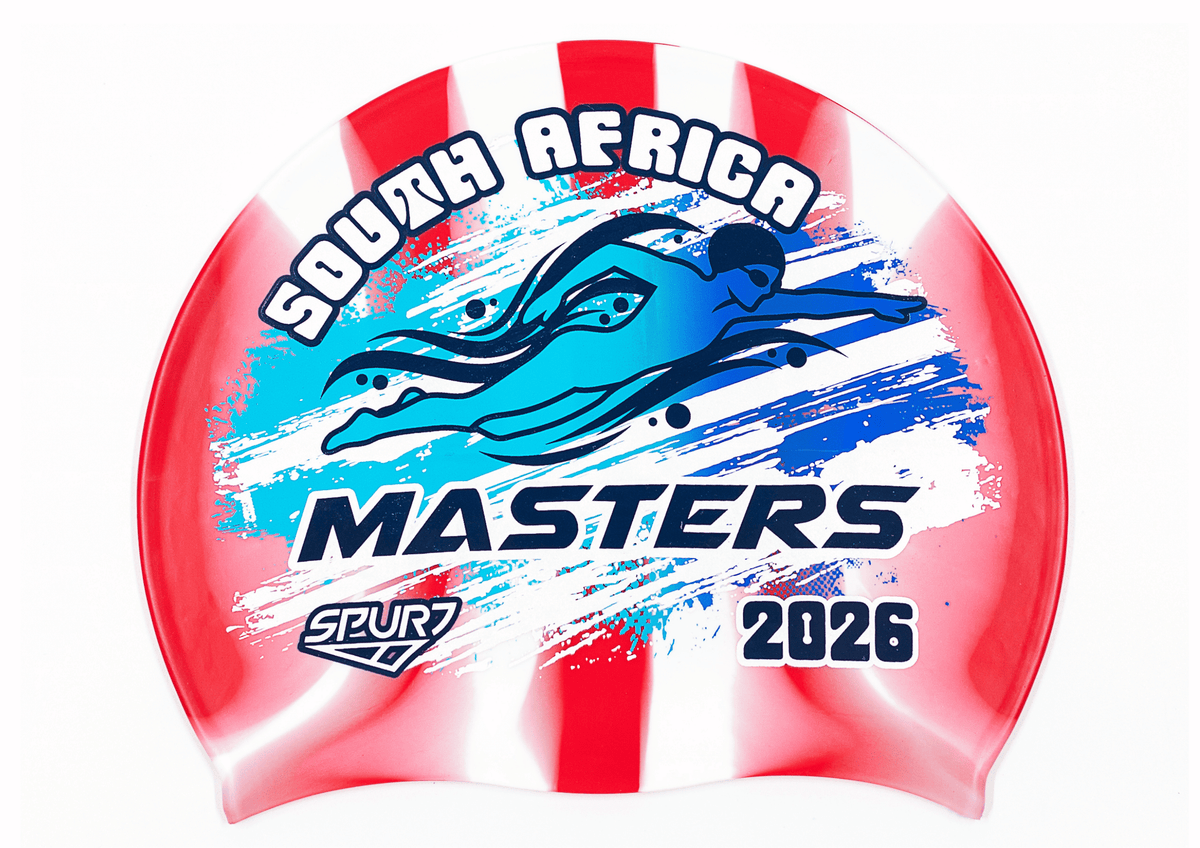 MASTERS 2026 in Slanted Font and Grungy Brush on Mi139 Red &amp; White Vertical Stripes Spurt Silicone Swim Cap