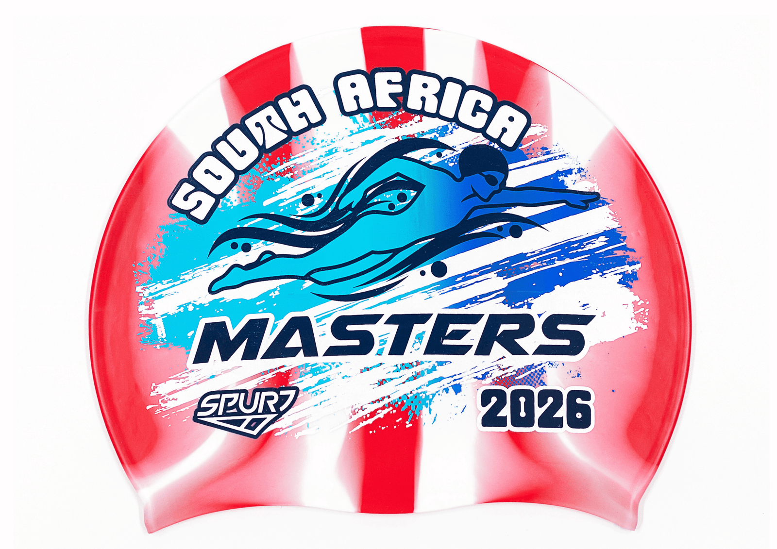 MASTERS 2026 in Slanted Font and Grungy Brush on Mi139 Red & White Vertical Stripes Spurt Silicone Swim Cap