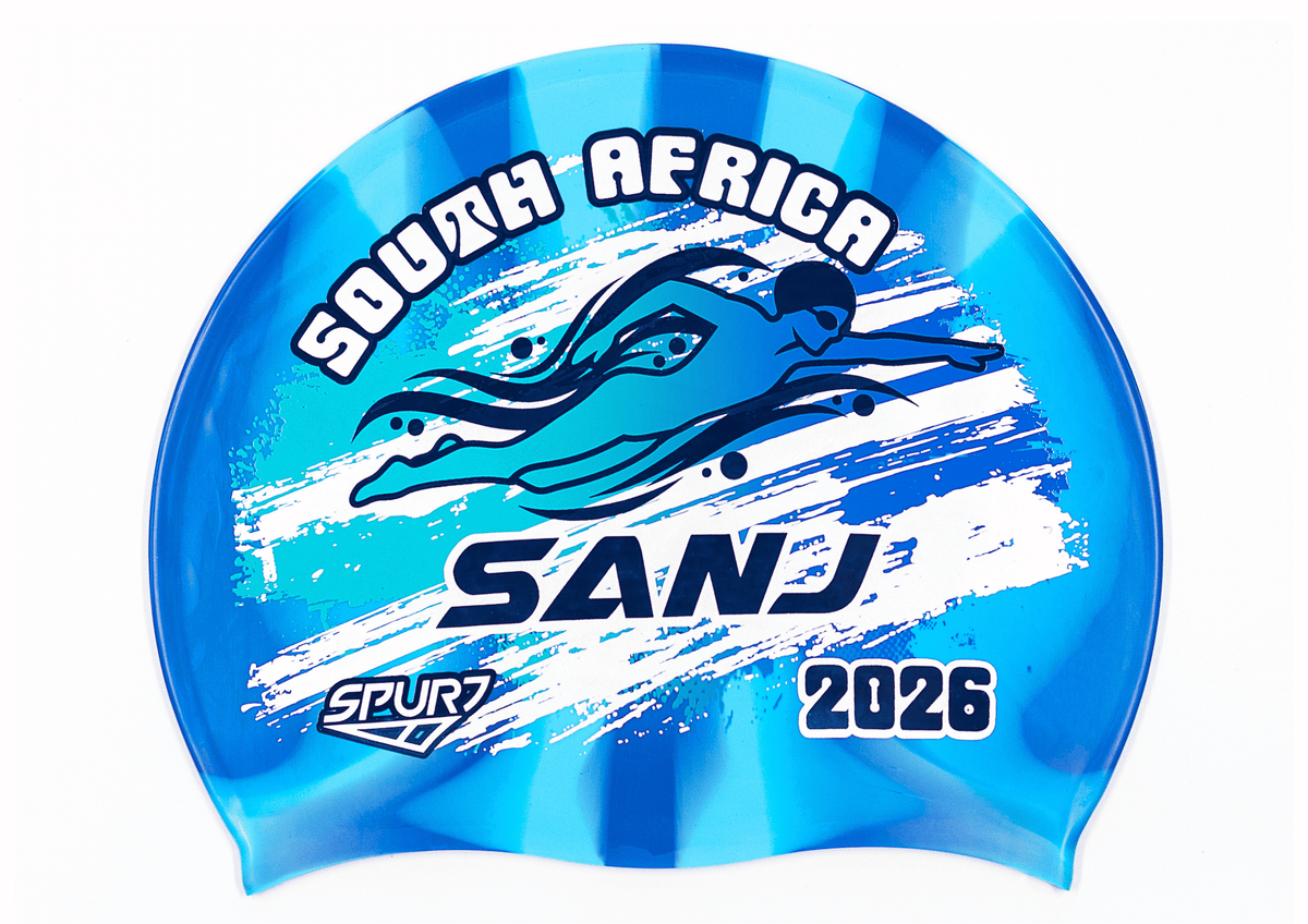SANJ 2026 in Slanted Font and Grungy Brush on Mi1 Dark Blue and Light Blue Vertical Stripes  Spurt Silicone Swim Cap