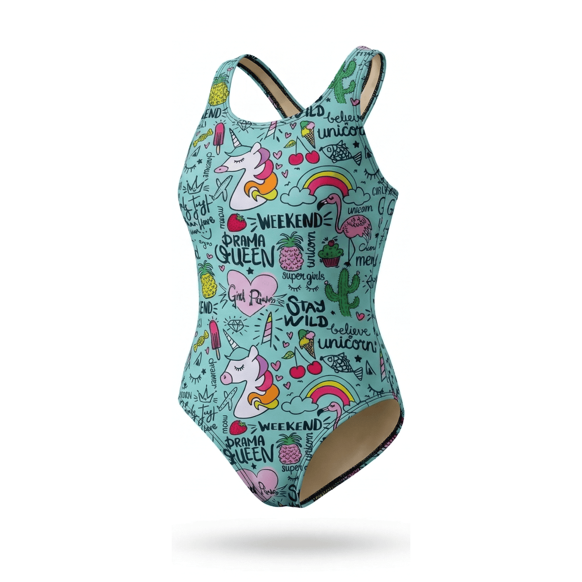 Kikx Extra Life Fastback Swimsuit in Unicorn and Summer Theme on Aqua Green
