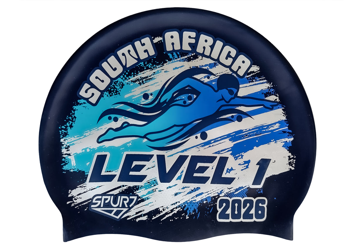 Level 1 2026 in Slanted Font and Grungy Brush on F248 Midnight Navy Spurt Silicone Swim Cap