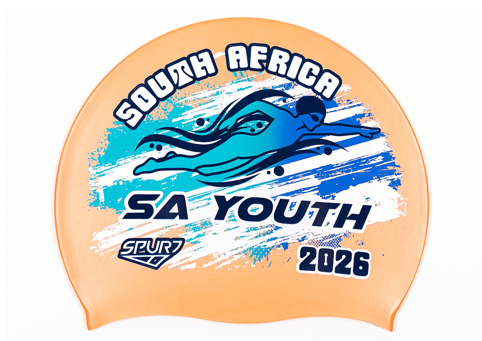 SA YOUTH 2026 in Slanted Font and Grungy Brush on SC19 Metallic Orange  Spurt Silicone Swim Cap