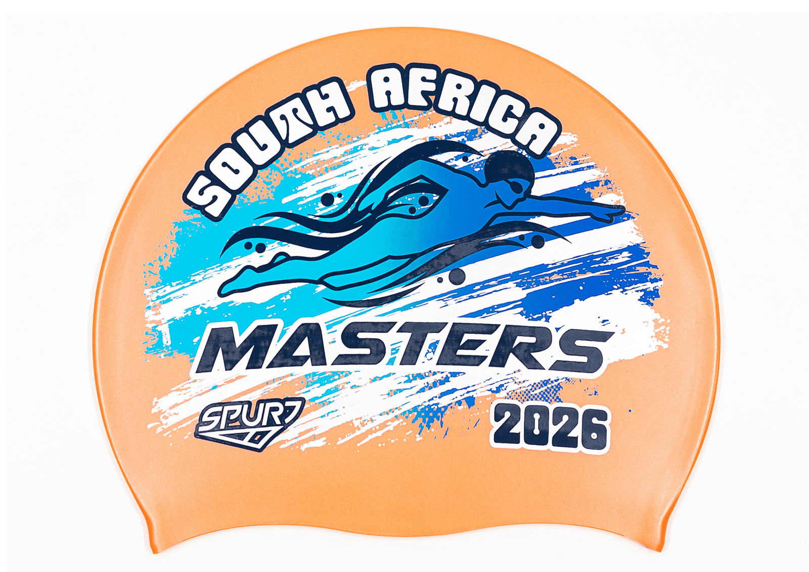 MASTERS 2026 in Slanted Font and Grungy Brush on SC19 Metalic Orange Spurt Silicone Swim Cap