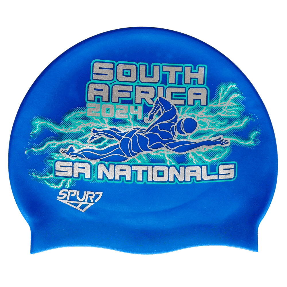 Senior Nationals 2024 Lightning behind Swimmer on SH71 Ocean Blue Spurt Silicone Swim Cap