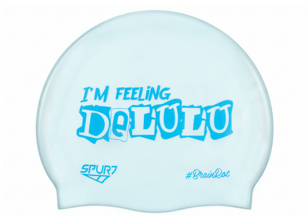 BrainRot I'm Feeling Delulu on G101 Pale Blue Spurt Silicone Swim Cap