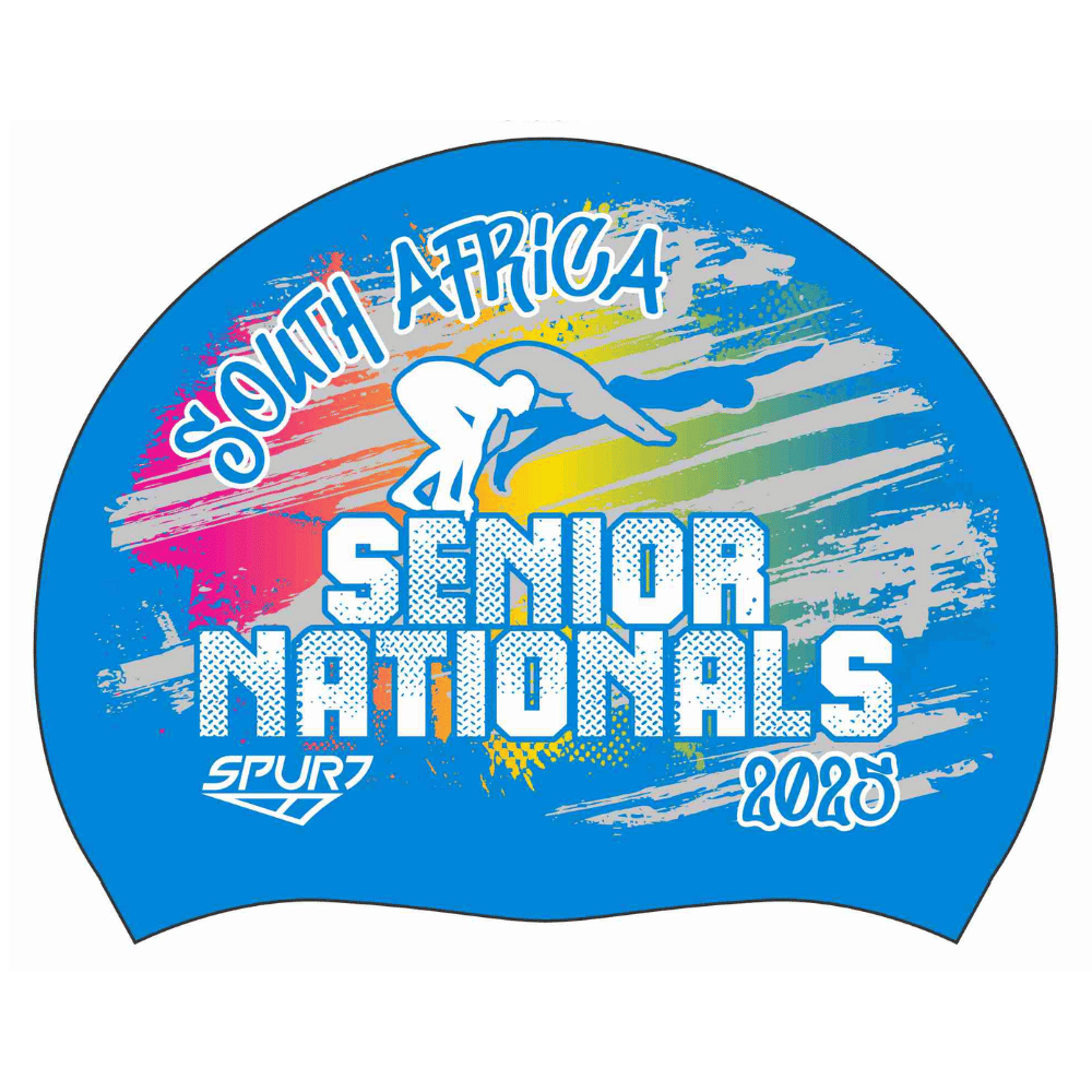 Senior Nationals  2025 Rainbow blend behind diving Swimmer on F218 Sky Blue Spurt Silicone Swim Cap