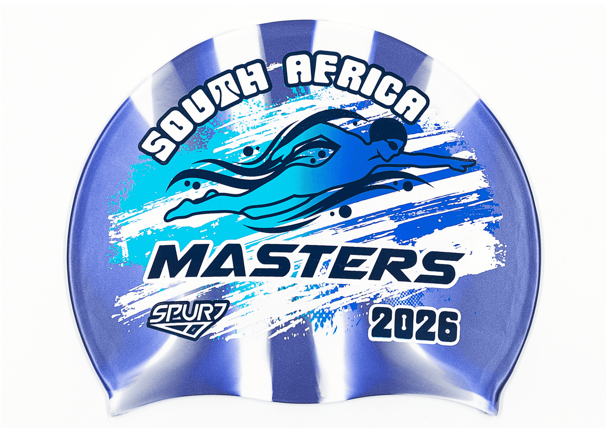 MASTERS 2026 in Slanted Font and Grungy Brush on Mi138 Navy &amp; White Vertical Stripes Spurt Silicone Swim Cap