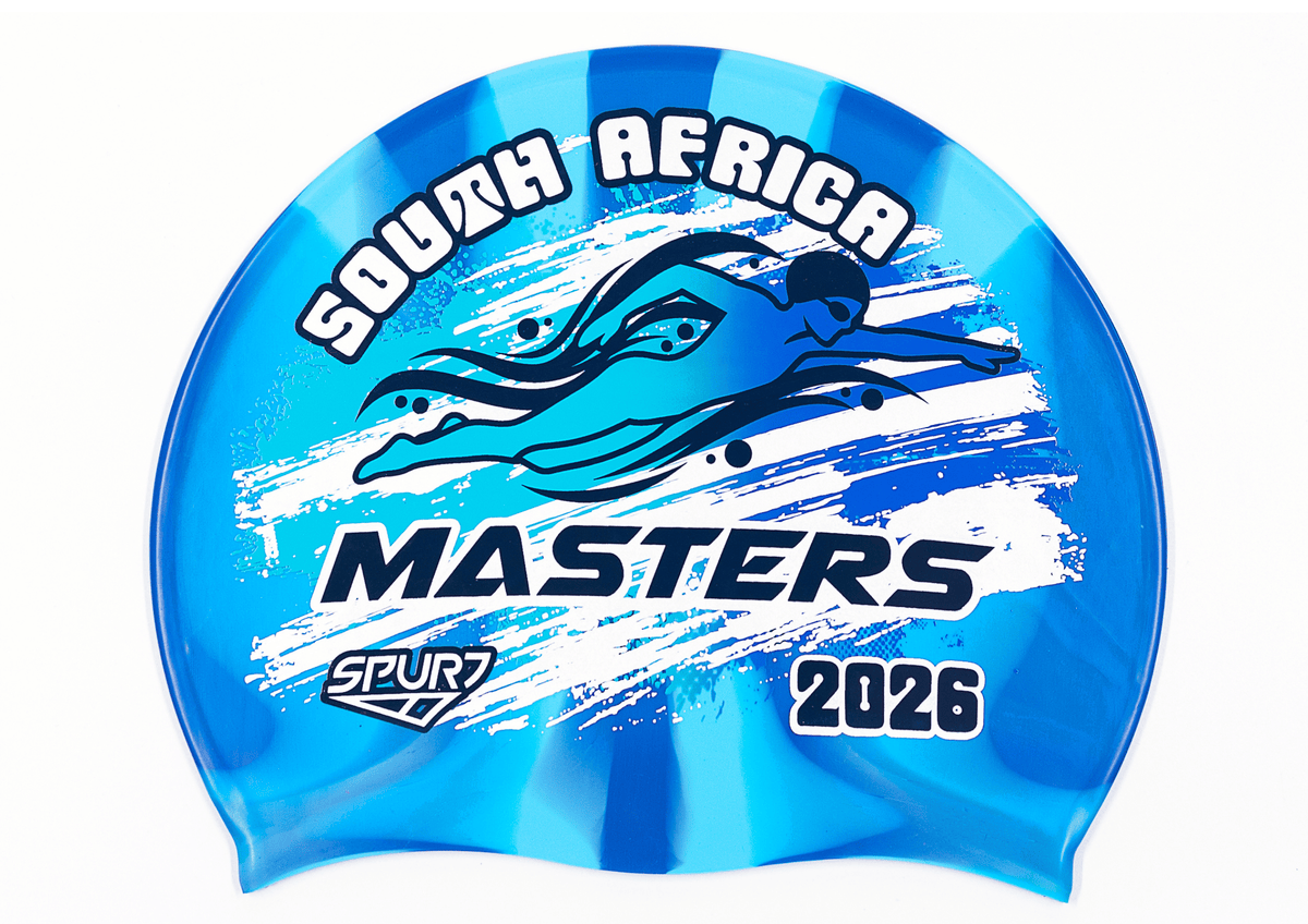 MASTERS 2026 in Slanted Font and Grungy Brush on Mi1 Dark &amp; Light Blue Vertical Stripes Spurt Silicone Swim Cap
