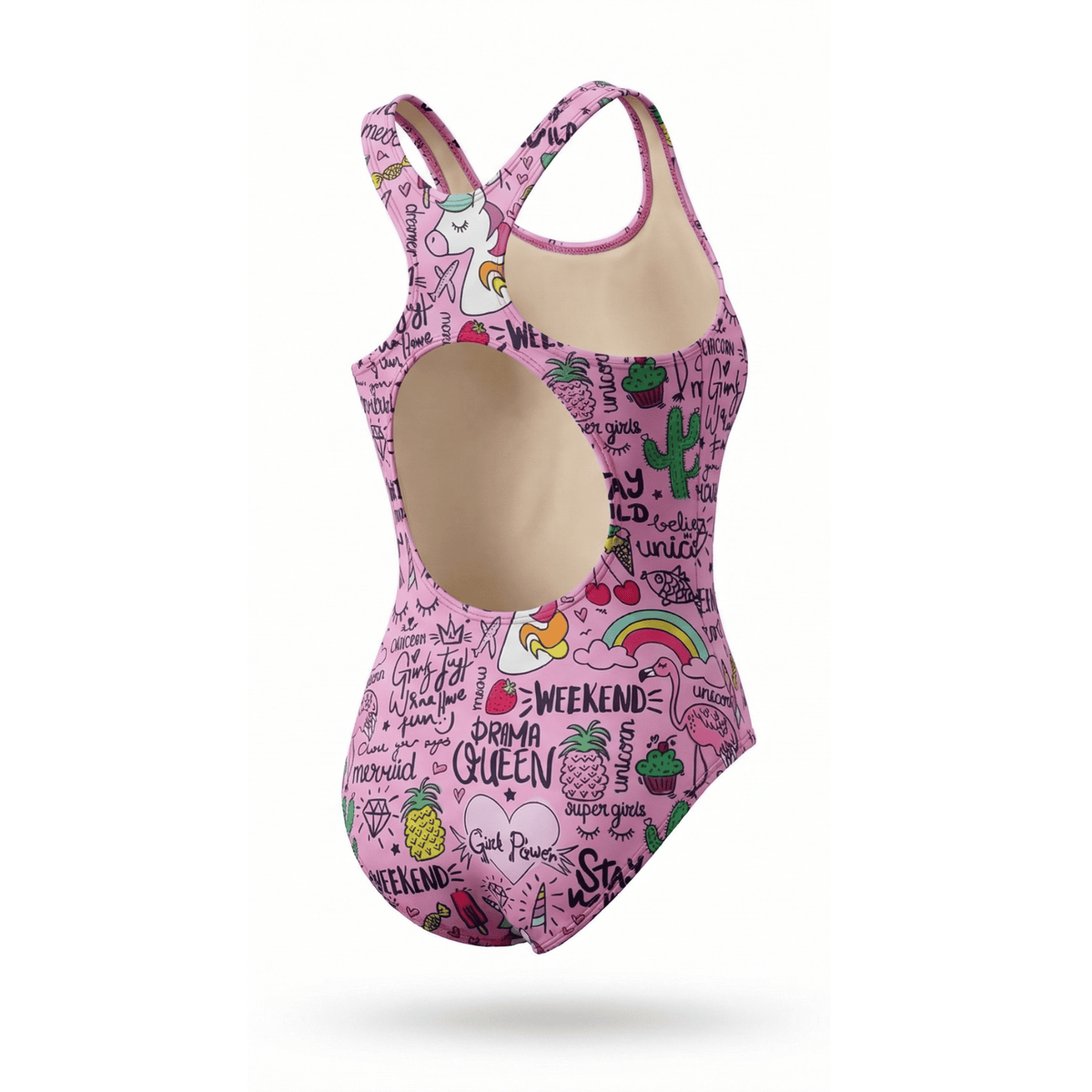 Kikx Extra Life Fastback Swimsuit in Unicorn and Summer Theme on Light Pink