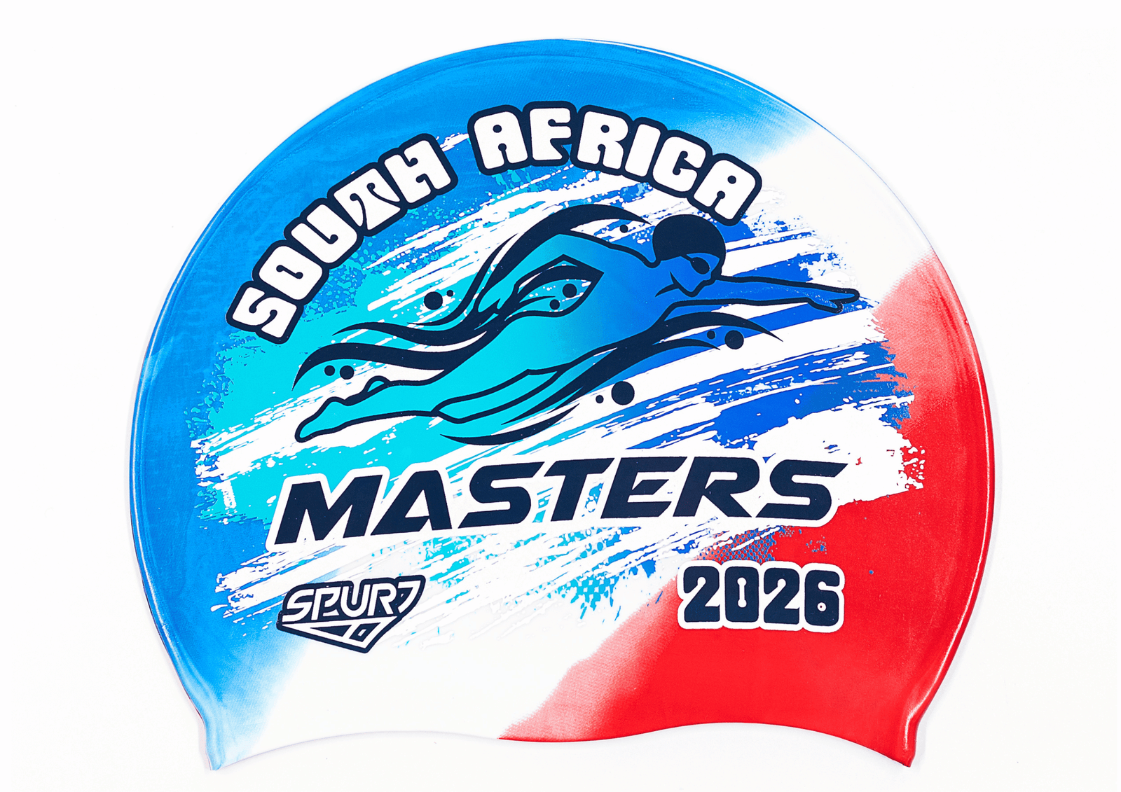 MASTERS 2026 in Slanted Font and Grungy Brush on FRA Blue, White and Red Diagonal Blend  Spurt Silicone Swim Cap
