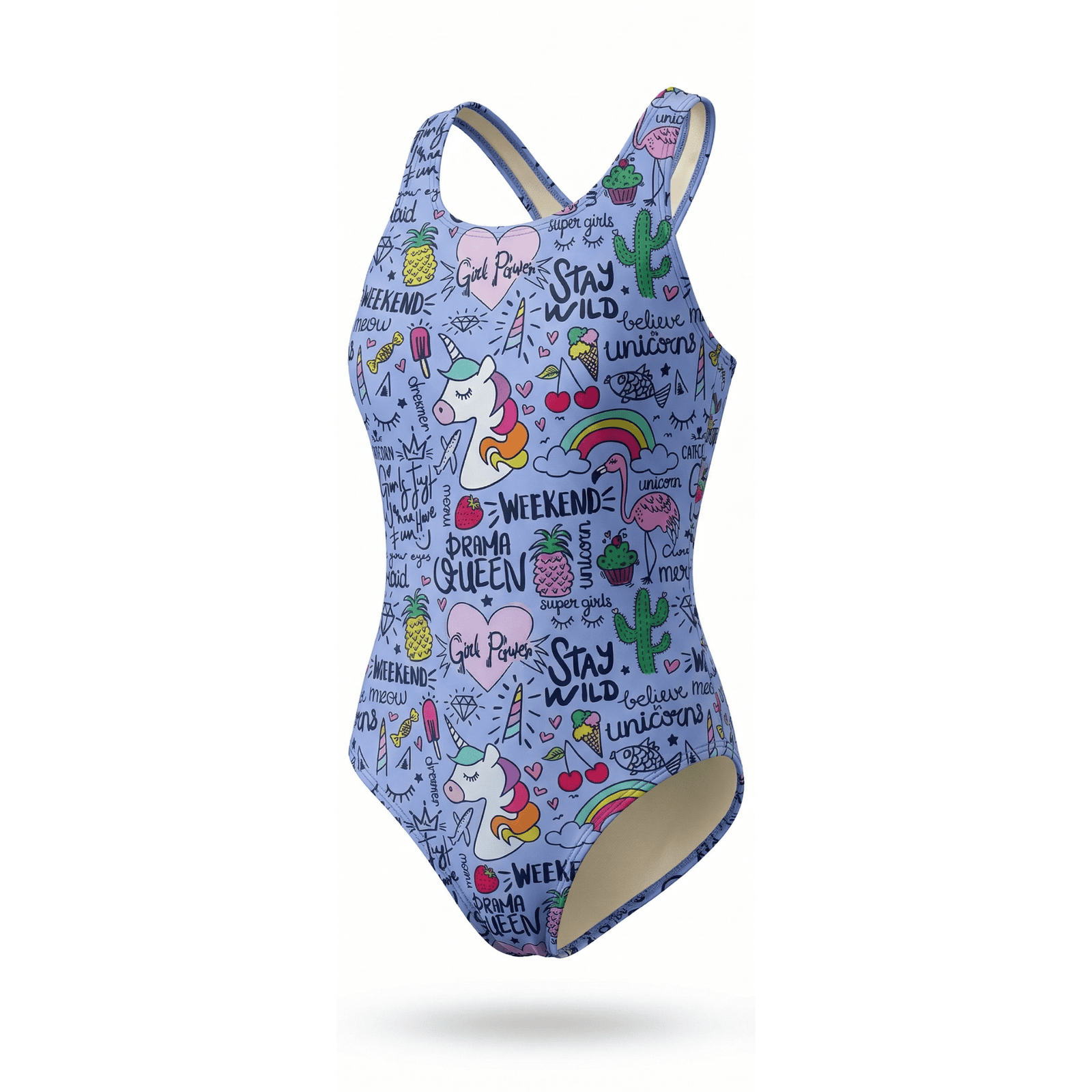 Kikx Extra Life Fastback Swimsuit in Unicorn and Summer Theme on Light Lilac