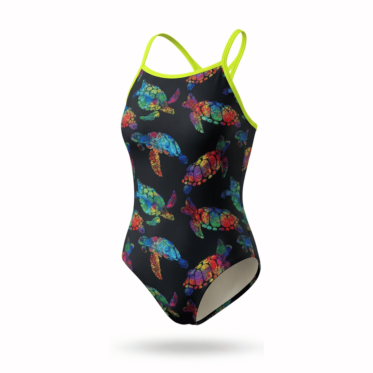 Kikx Extra Life Thin Strap Swimsuit in Larger Turtle Tango Print on Black Background with Neon Yellow Straps