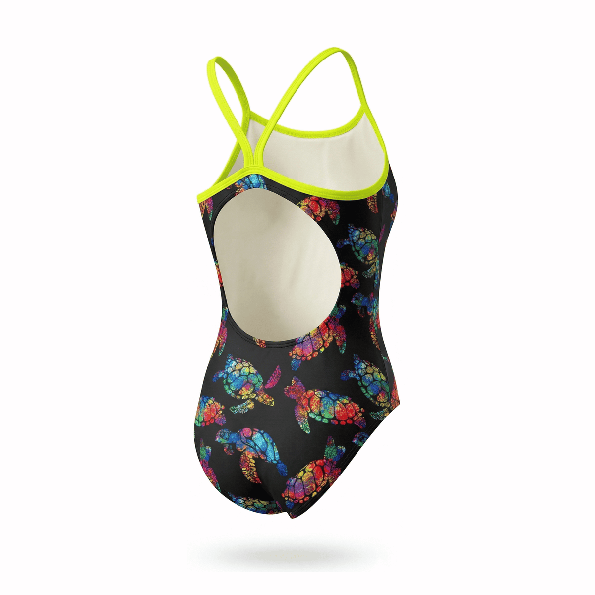 Kikx Extra Life Thin Strap Swimsuit in Larger Turtle Tango Print on Black Background with Neon Yellow Straps