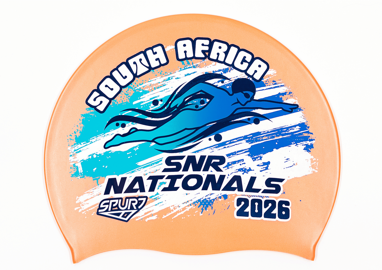 SANS 2026 in Slanted Font and Grungy Brush on SC19 Metallic Orange  Spurt Silicone Swim Cap