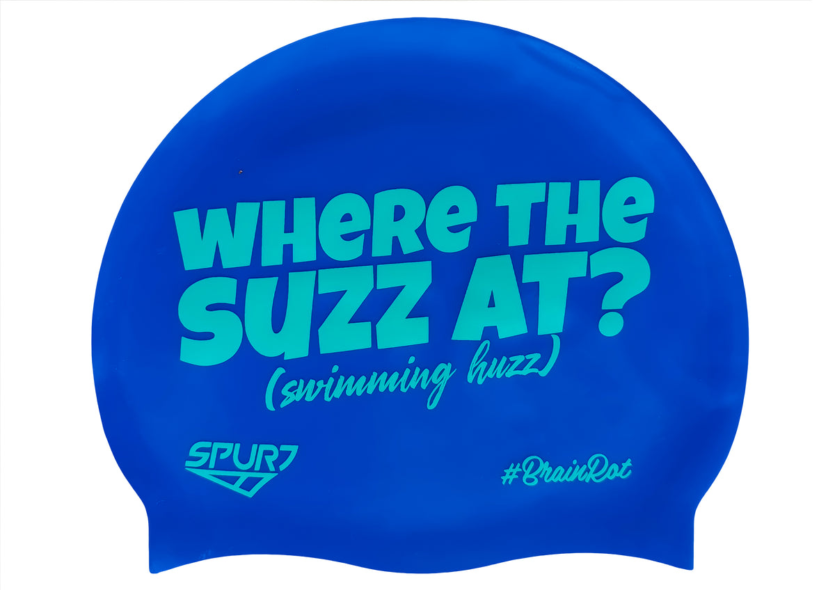 BrainRot Where The Suzz At on F206 Rich Blue Spurt Silicone Swim Cap