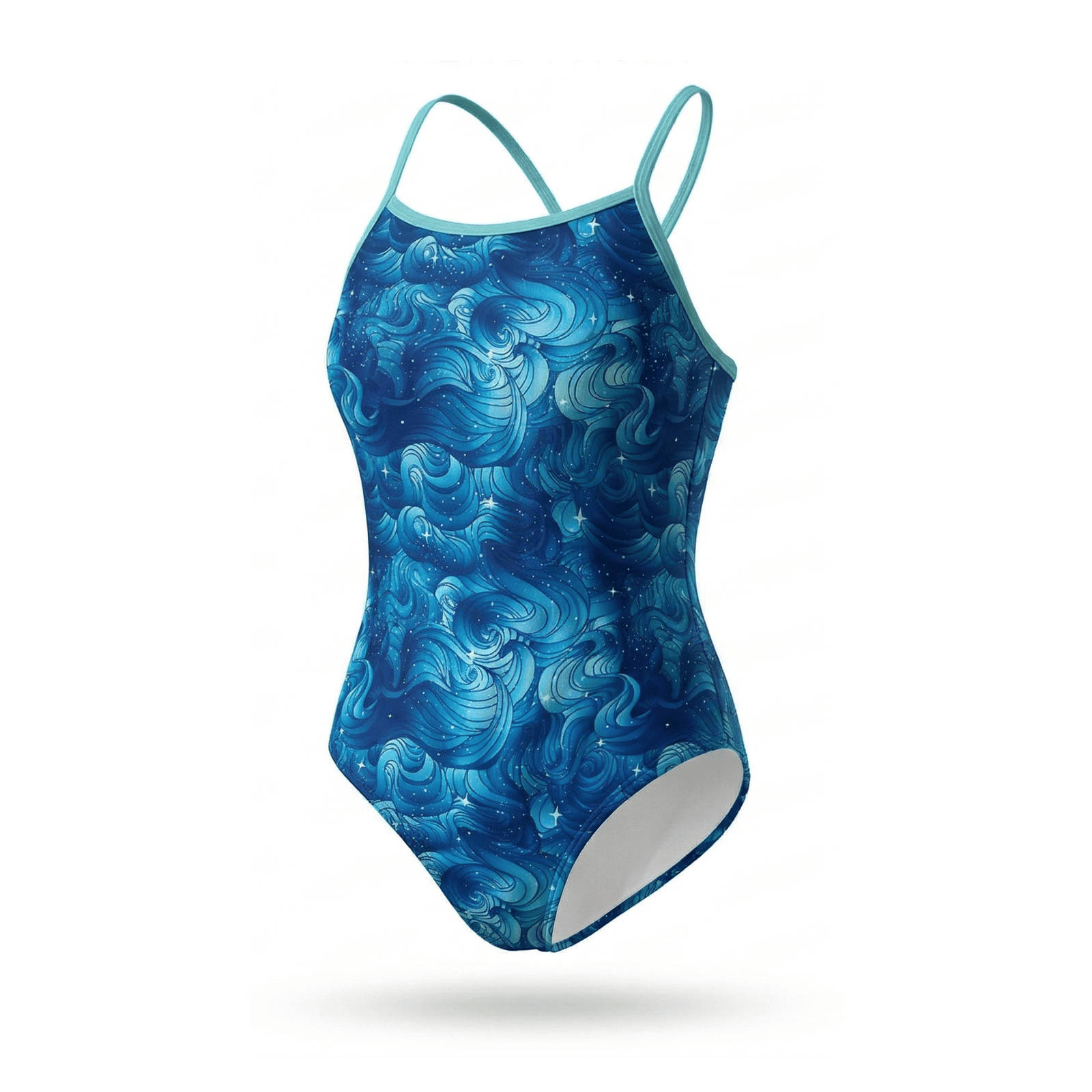 Kikx Extra Life Thin Strap Swimsuit in Starbound Print with Aquamarine Straps