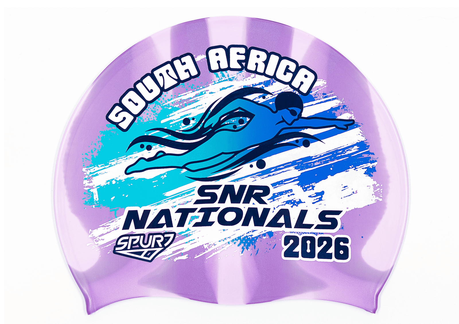 SANS 2026 in Slanted Font and Grungy Brush on Mi110 Violet and Light Purple Vertical Stripes  Spurt Silicone Swim Cap