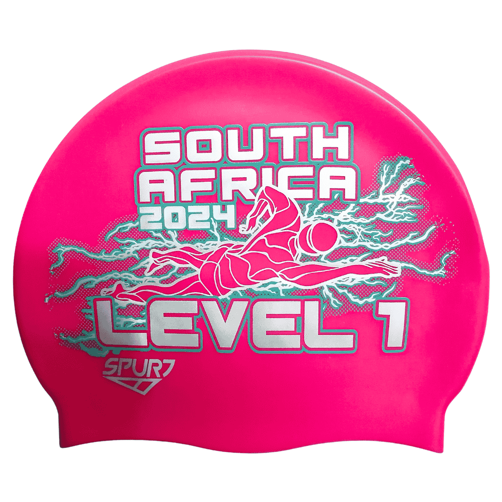 Level 1 2024 Lightning behind Swimmer on F215 Bright Pink Spurt Silicone Swim Cap