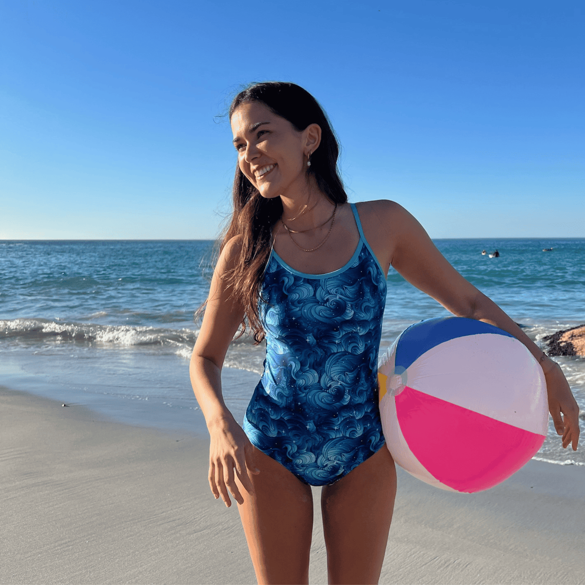 Kikx Extra Life Thin Strap Swimsuit in Starbound Print with Aquamarine Straps